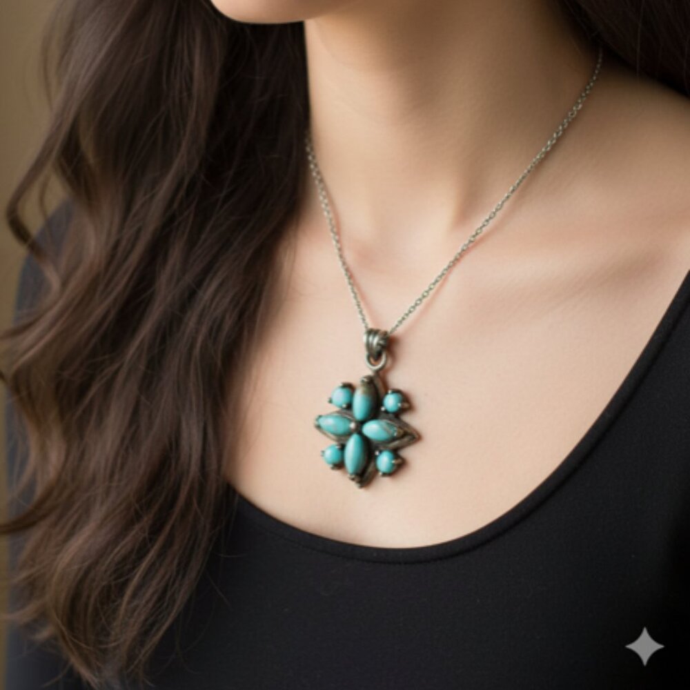 Handcrafted Native American sterling silver and turquoise cluster flower pendant